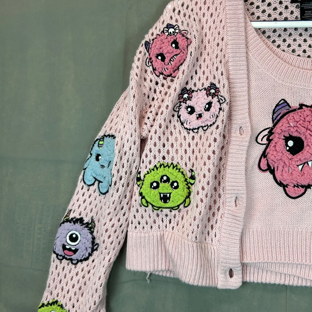 Hot topic Sweet Society Embroidered Fuzzy Monster Girl's Cardigan Set Size Large - Picture 6 of 14